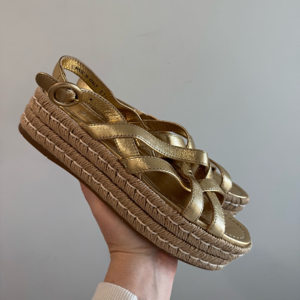 Prada Strappy Gold Leather Platform Espadrilles‎ Size 37.5 - Picture 2 of 9